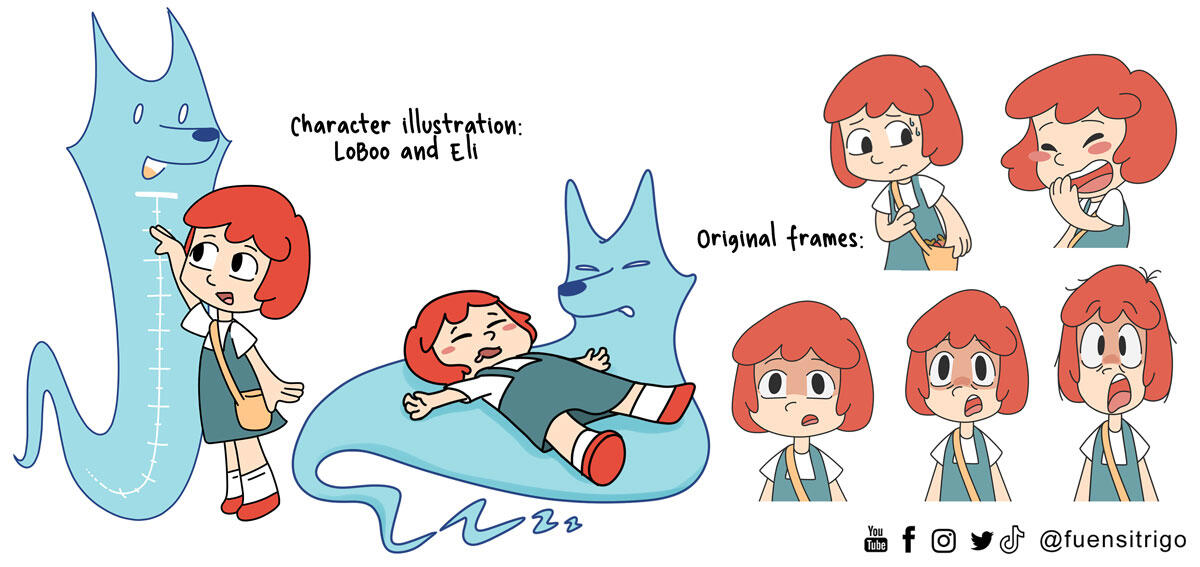 Character design for an animated short film. It shows Eli and her new friend LoBoo who can chage its shape. Also some original animation frames of Eli