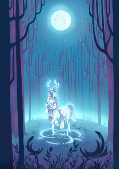 lauma, genshin impact, paisaje de un bosque durante luna llena de noche y un centauro iluminado por la magia de dicha luna