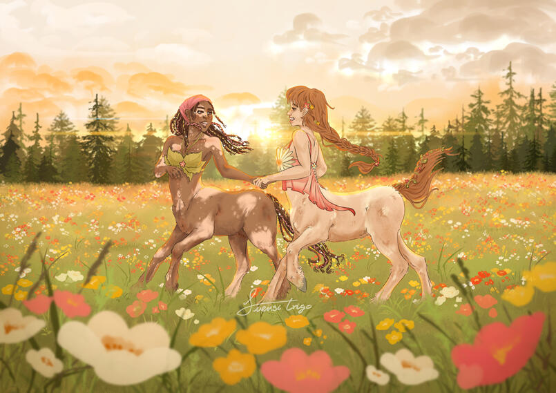 ilustracion centauros campo de flores colores calidos atardecer, dibujo, arte digital